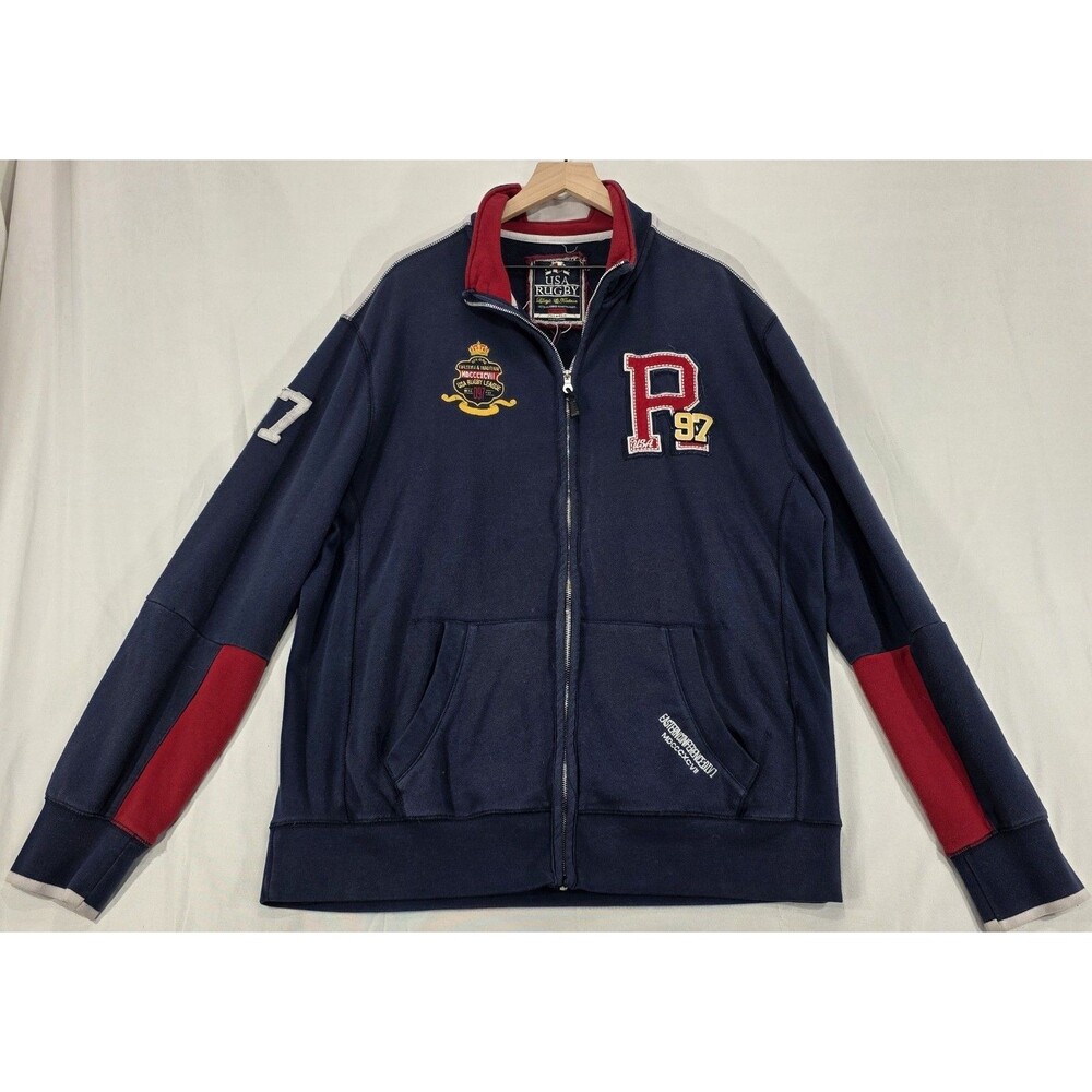VTG 90s USA Rugby Varsity Track Jacket 2XL Blue Colorblock Blokecore Sweatshirt